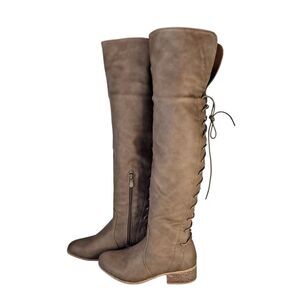 Bonnibel Over-The-Knee Boots Wmn's Sz 6 Brown Faux Leather Lace-Up Back Low Heel